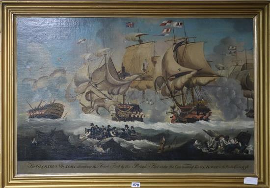 19th century School, oil on canvas, The Glorious Victory obtained over the French Fleet by the British Fleet 58 x 89cm